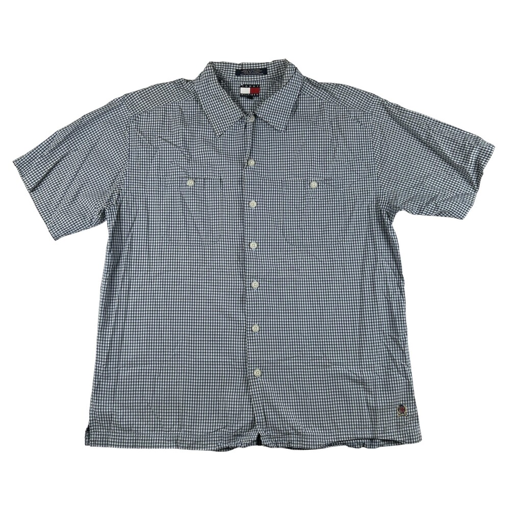 Vintage Tommy Hilfiger Shirt Mens Large Blue Check Short Sleeve Button Up Crest